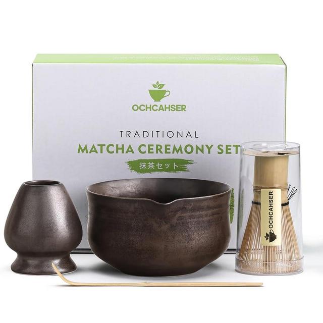 Ochcahser Matcha Set, Japanese Tea Set Includes Matcha Bowl with Spout, Matcha Whisk Holder (chasen), Bamboo Matcha Whisk and Bamboo Scoop, Ceramic Matcha Kit for Tea Lovers