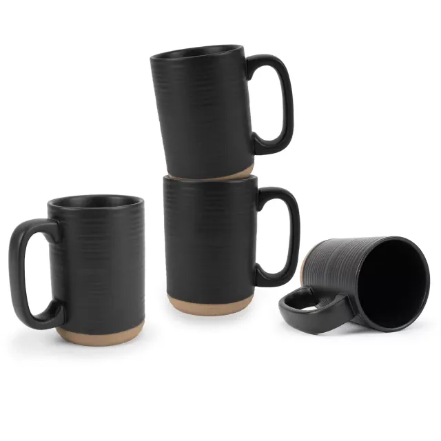 Elanze Designs Tall Ribbed Raw Clay Bottom Black 16 ounce Ceramic Coffee Mugs Set of 4