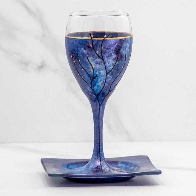 Hand Painted Kiddush Cup, Purple Blue and Silver with coaster