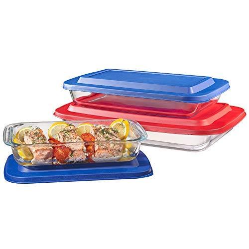 Set of 3 Upgraded Rectangular Glass Bakeware Set with Multi-Color BPA-Free Lids | Superior Oblong Glass Baking Dishes for Casseroles, Lasagna, Leftovers, Cooking, | Essential Kitchen Items