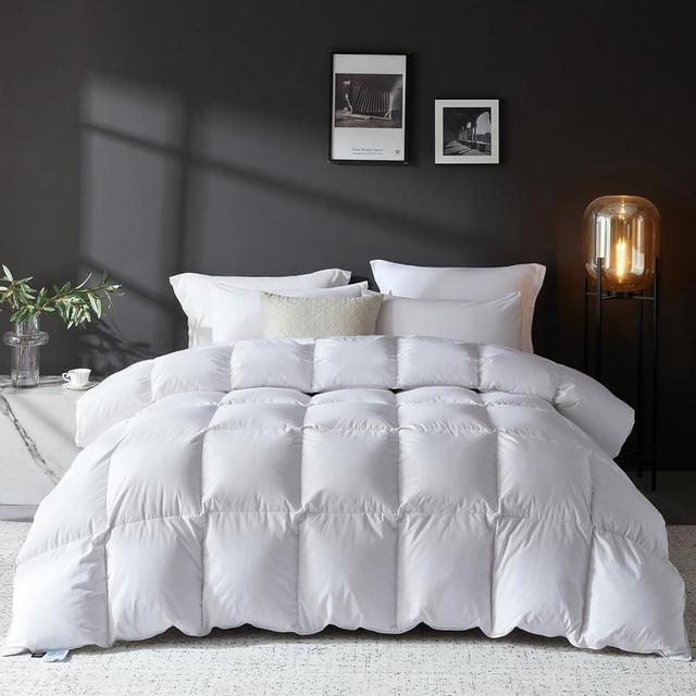 L LOVSOUL Goose Feather Down Fiber Comforter Queen Size, 100% Organic Cotton Fabric Duvet Insert,1200TC,750+FP, Hotel Collection, All Season White Bedding Comforters with 8 Tabs