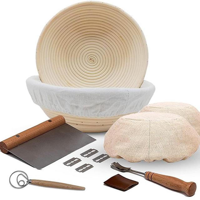 Culinary Couture Proofing Basket Set - Includes 2 Rattan Banneton Baskets & Linen Liners, Metal Scraper, Plastic Scraper, Scoring Lame, Dough Whisk, 5 Blades with Case - Complete Sourdough Starter Kit