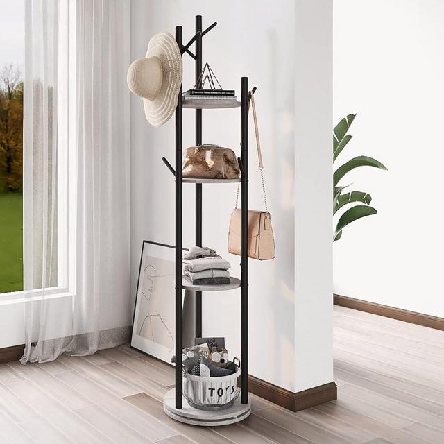 Espelism Rotary Coat Rack Freestanding Metal Coat Hall Tree Stand with 4 Tiers Storage Display Shelf and 9 Hooks for Entryway Bedroom Corner Office Garment Clothes Holder (Grey)