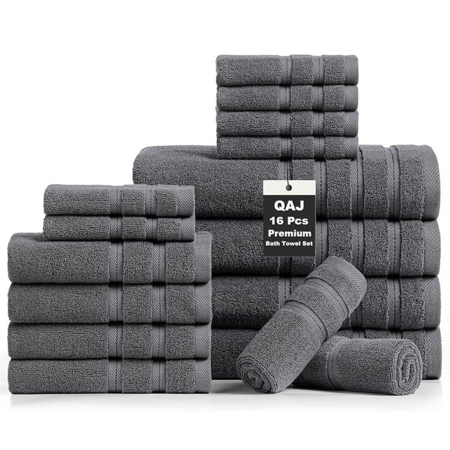 16-Piece Bath Towels Set, 100% Cotton Thick Soft Highly Absorbent Durable, Quick Dry, Bathroom Towels Set (4 Bath Towels, 4 Hand Towels, 8 Washcloths) - Perfect for Daily Use