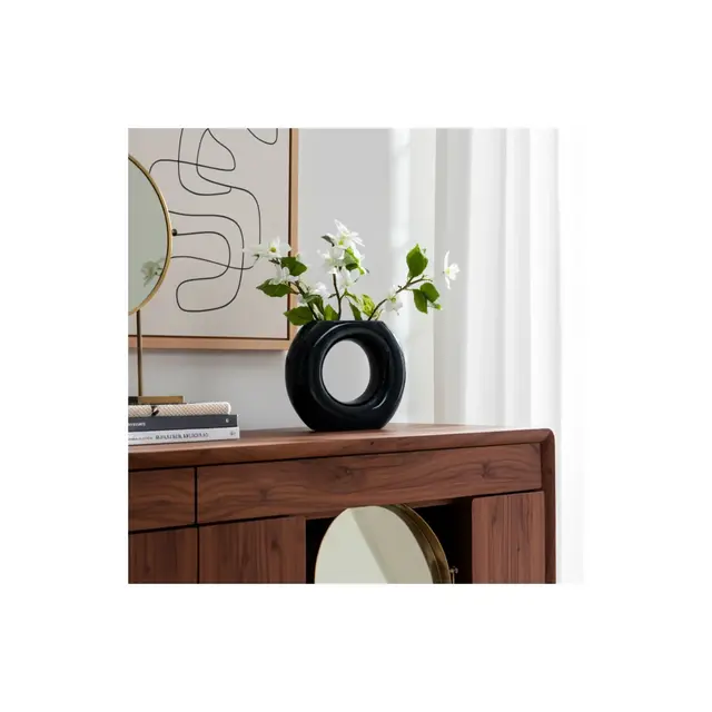 Decorative Ceramic Vase for Living Room Decor - Donut Style Flower Vase for Bedroom Nightstand, House, or Office Decor - 5", Blue