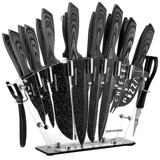 Dockorio Kitchen Knife Set with Block, 19 PCS High Carbon Stainless Steel Sharp Kitchen Knife Set includes Serrated Steak Knives Set, Chef Knives, Bread Knife, Scissor, Sharpener, all in one Knife Set