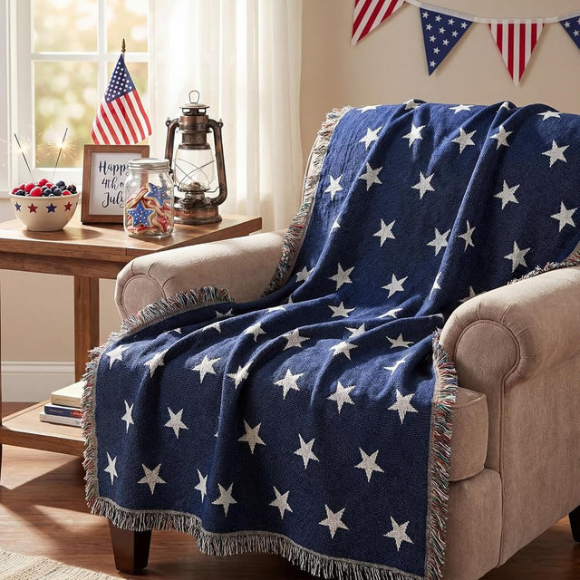 Patriotic Woven Blanket 4th of July Soft Tapestry Patriotic Star Blanket for Sofa Couch Bed Decorative Blankets with Tassel for Independence Day 250th Military Veteran Gifts, 69"x48"