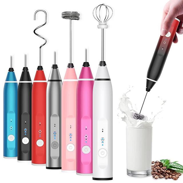 Laposso Milk Frother Rechargeable Handheld Electric Whisk Coffee Frother Mixer with 3 Stainless whisks 3 Speed Adjustable Foam Maker Blender for Coffee Matcha Latte Cappuccino Hot Chocolate（Black Red）