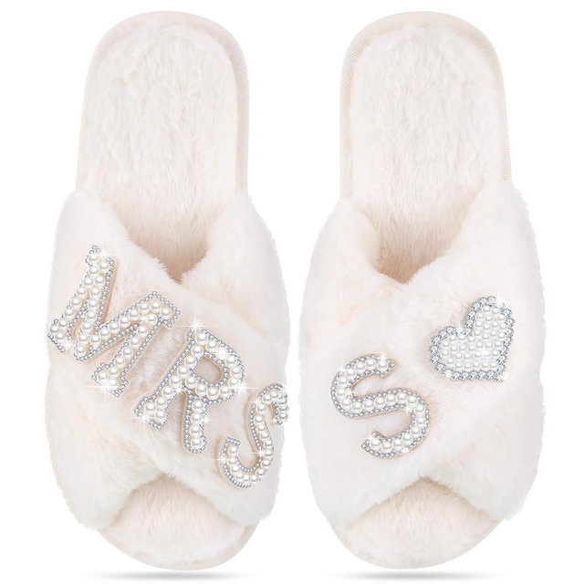 Tarpop Bride Slippers Mrs Slipper for Wedding with Personalized Initial Pearl Design Bridal Gifts