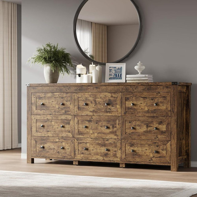 BORNOON 9-Drawer Dresser, Modern Wooden Storage Chest of Drawers, Dresser TV Stand, Wood Drawer Organizer with Metal Handles for Bedroom, Living Room, Hallway