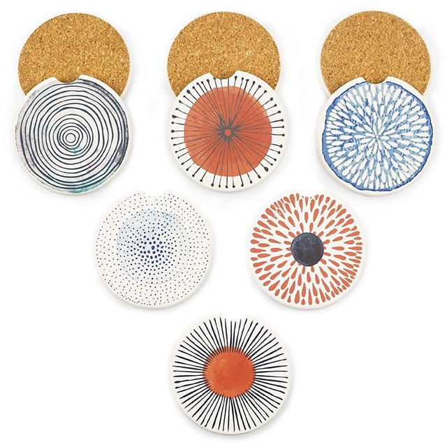AD Car Coasters Set of 6 Drink- Absorbing Round Ceramic Stone Coaster with a Finger Notch for Easy Removal, Cork Base for Auto Cupholder Accessories Keep Vehicle Clean (Colorful Series Car Coasters)
