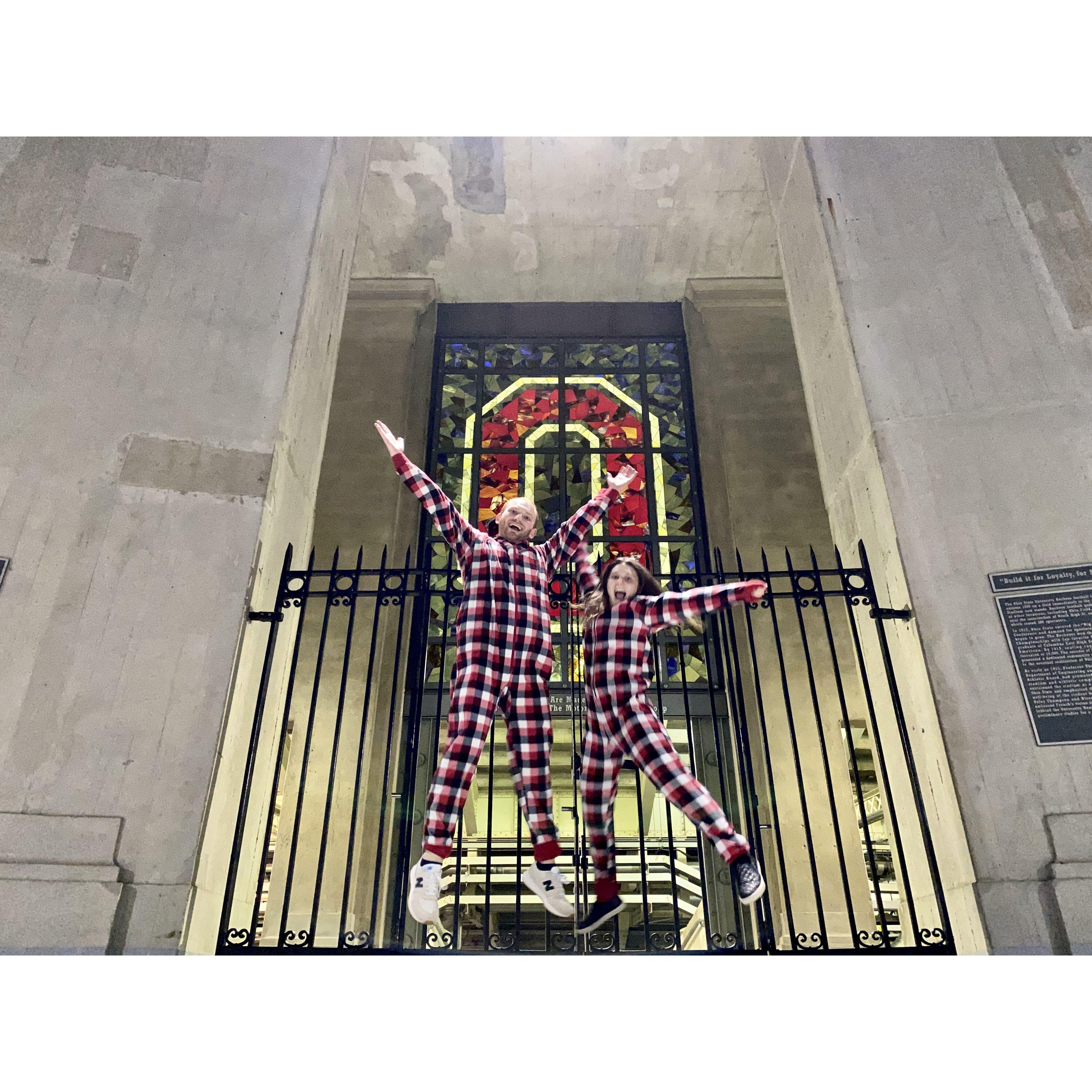 January 2nd, 2021 - We loved these onesies and decided to go on a walk around OSU's campus in them. We goofed around and found ourselves jumping for joy in front of the stadium