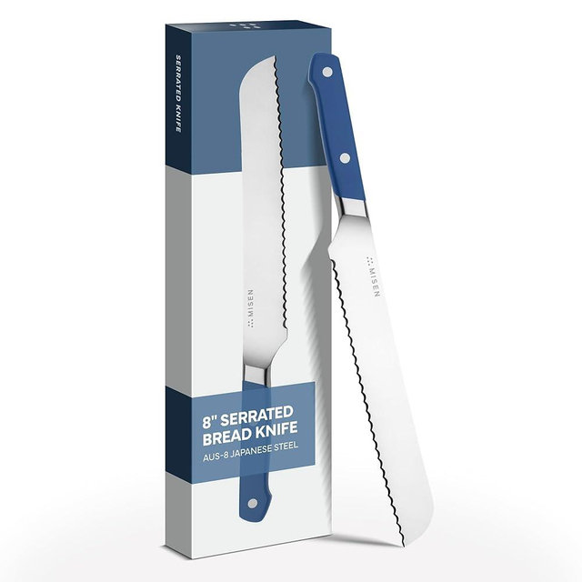 Misen Serrated Bread Knife – High-Carbon Japanese AUS8 Steel – Effortless Slicing of Bread, Pastries, and Fruits – Razor-Sharp Edge and Durable Blade with Ergonomic Handle - 8", Blue