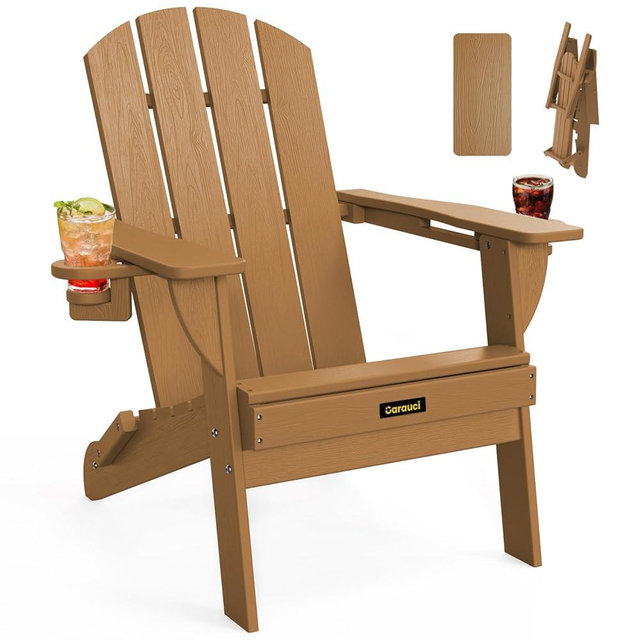 Floding Adirondack Chair, Wooden Textured Plastic Adirondack Chairs with 2 Cup Holder, Weather Resistant HDPE Fire Pit Chair, Outdoor Patio Chairs for Garden, Backyard, Lawn, Deck, 380LBS, Teak