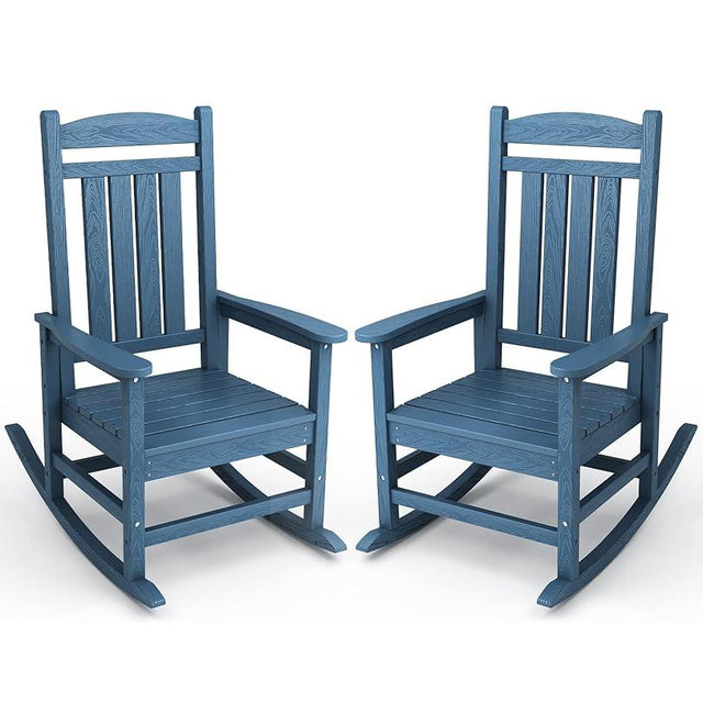 KINGYES HDPE Patio Rocking Chair Set of 2, Outdoor Rocking Chairs Porch Rocker for Adults, Navy