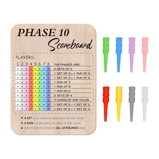 Bnesi Wooden Phase 10 Card Game Score Board Funny Score Board Games 2025 New Wooden Phase 10 Scoreboard with 8 Colored Pegs Classic Wood Score Board Fun Games for Family Party (Fresh)