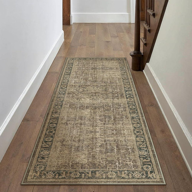 WondRg 2x5 Washable Runner Rug Brown Vintage Hallway Kitchen Area Rug Distressed Retro Non Slip Low Pile Carpet Soft Throw Rug for Bedroom Side Entrance Bathroom Indoor