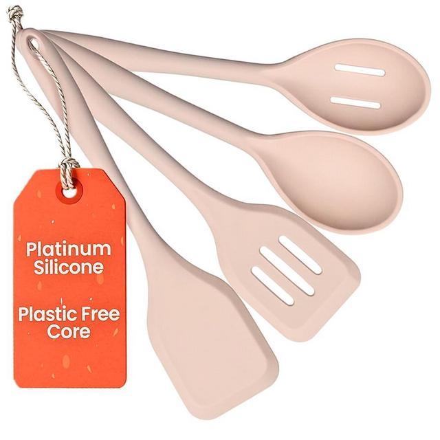 Non-Toxic Platinum Silicone Kitchen Utensil Set of 4 – Non-Scratch Cooking Spoon & Spatula, 100% Plastic Free, Stainless Steel Core, Heat Resistant 500°F, Beige