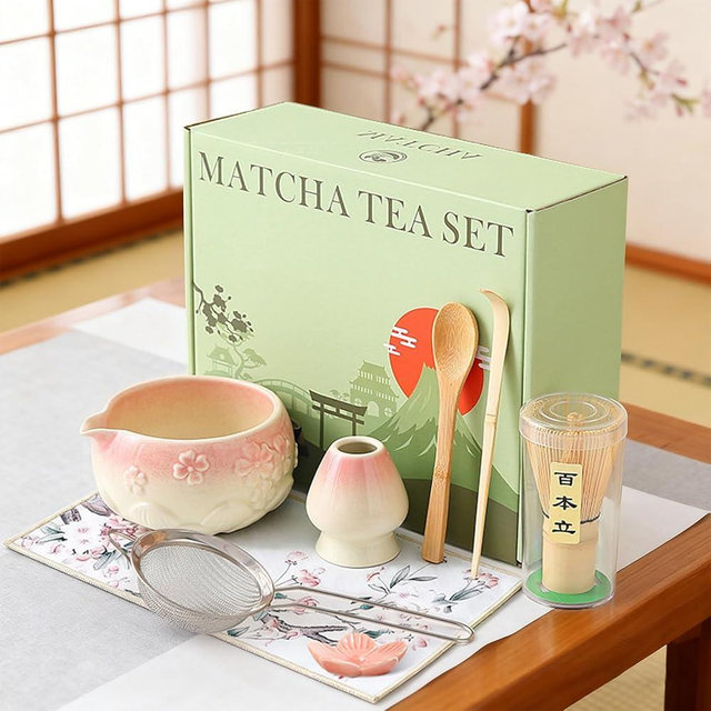 Matcha Whisk Set, 8 Pcs Matcha Kit Set With Pink Cherry Blossom Embossed Pattern Includes 18 OZ Bowl, Bamboo Whisk, Ceramic Holder, Bamboo Scoop x2, Scoop Rest, Stainless Sifter and Tea Towel