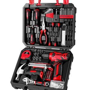 DEKOPRO Drill Set: Tool Set with 8V Red Cordless Drill, Home Tool Kit with Drill, Hand Tool Kits for Women 126 Piece