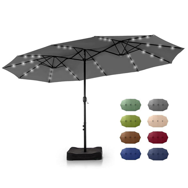 GREEN PARTY 15 ft Large Outdoor Patio Umbrella with Solar Led Lights & Base Included, Double-Sided Rectangular Table Umbrella with Stand, Market Umbrellas for Deck Poolside Garden Backyard, Smoky Gray
