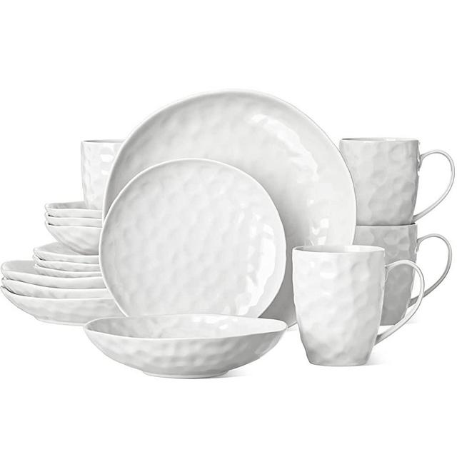 HOMBENE White Dinnerware Set 16 Piece Service for 4, Porcelain Dinnerware Sets, Over Size Plates and Bowls Sets for Dessert Salad and Pasta, Dishes Set w/Mugs
