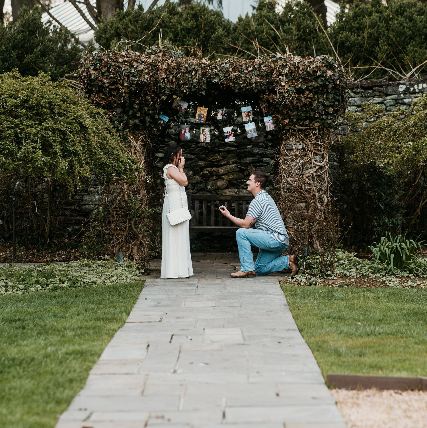 Drew tried to keep Hannah guessing all day by taking her to several different places before finally proposing in the gardens.