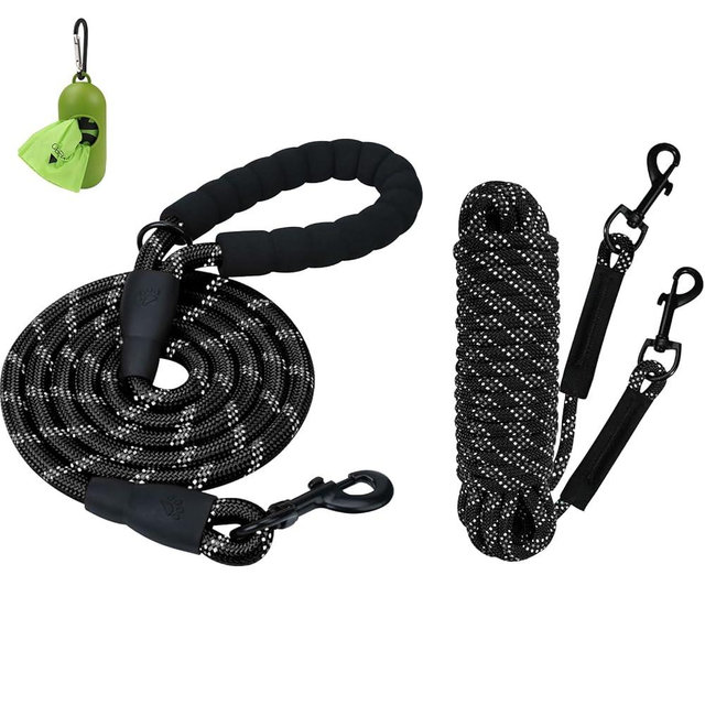 Taglory 15FT Long & 6FT Rope Dog Leash, Reflective, Swivel Hooks, Nylon, Black, Large/Medium Dogs, Walking, Training
