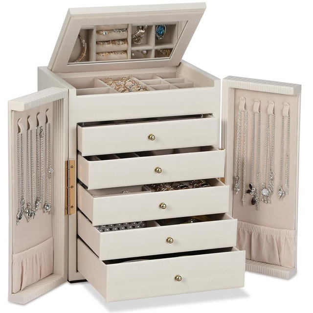 Dajasan Large Jewelry Organizer Box, Jewelry Boxes for Women Girls, 6-Tier Jewelry Storage Organizer with Mirror for Necklace Ring Bracelet Watch, Gift Idea (Beige)