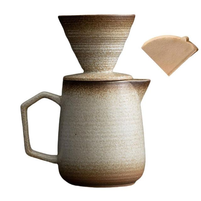 HYAXGM Pour Over Coffee Maker,Ceramic Coffee Maker With 100 pcs V60 Paper Filter，20oz/600ml Pour Over Coffee Dripper (Off White)