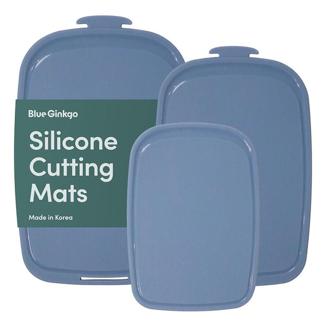 Blue Ginkgo Silicone Cutting Boards – Set of 3 (Small, Medium, Large) – Double-Sided, Thick, Flexible, Non-Slip, BPA Free – Juice Grooves, Dishwasher Safe (Made in Korea, Blue)