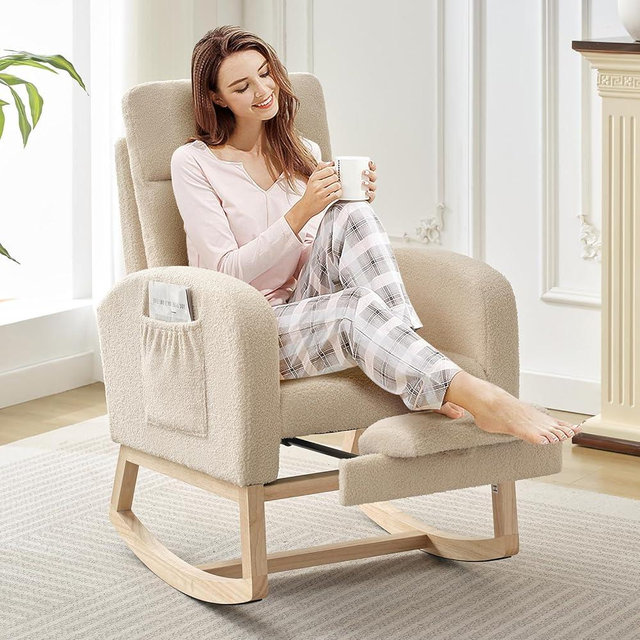 Rocking Chair Nursery, Nursing Rocking Chairs with Foot Rest for Mom Nursery,Rocker Glider Chair with High Backrest for Living Room, Bedroom, Upholstered Lounge Chair with Solid Wood Base for Relaxin