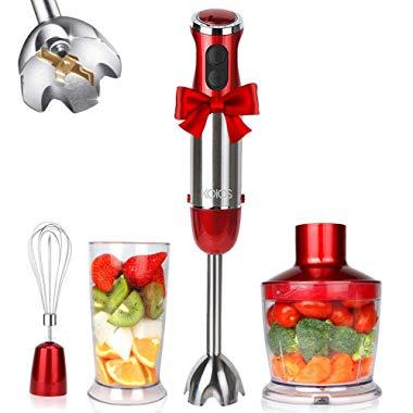 KOIOS Powerful 800W 4-in-1 Hand Immersion Blender 12 Speeds, Includes 304 Stainless Steel Stick Blender, 600ml Mixing Beaker, 500ml Food Processor, and Whisk Attachment, Multi-Purpose, BPA-Free, Red