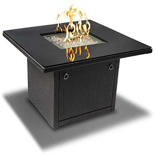 Outland Living Series 410 Slate Grey 36-Inch Outdoor Propane Gas Fire Pit Table, Black Tempered Tabletop w/Arctic Ice Glass Rocks and Resin Wicker Panels, Slate Grey/Square