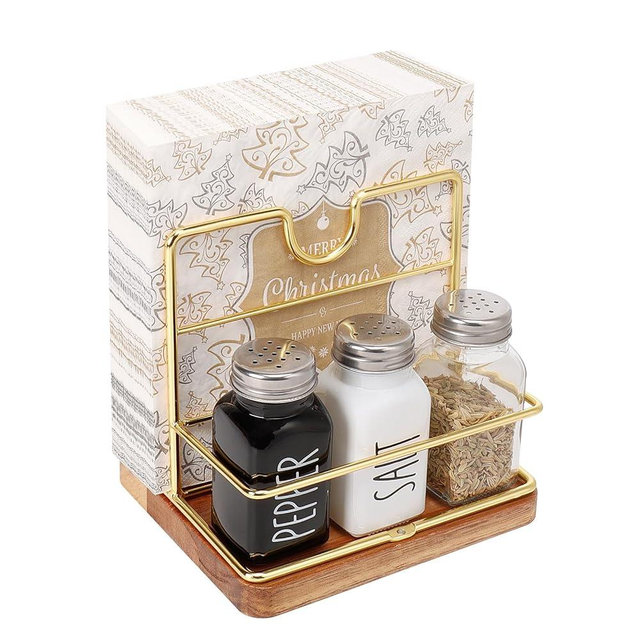 Livabber Napkin Holder, Metal Napkin Holder with Salt and Pepper Shakers Caddy Modern Napkin Dispenser for Table Kitchen Countertop, Not Including Salt and Pepper Shakers (Middle Wooden, Gold)