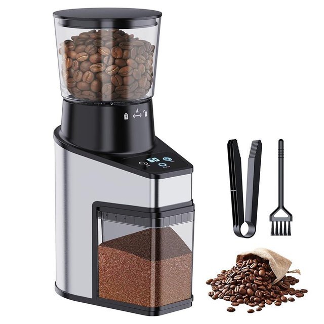 QJA Burr Coffee Grinder Electric, LCD Touch Sceeen Coffee Bean Grinder with 60 Precise Grinding Settings, 60 Seconds Timer & 1-8 Cup, Anti-static, Stainless Steel(2025 updated model)