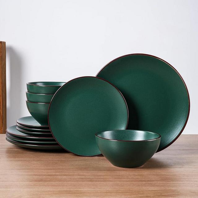 Famiware Venus Plates and Bowls Sets, 12 Pieces Stoneware Dinnerware Sets, Dishes Set for 4, Microwave and Dishwasher Safe, Dark Green