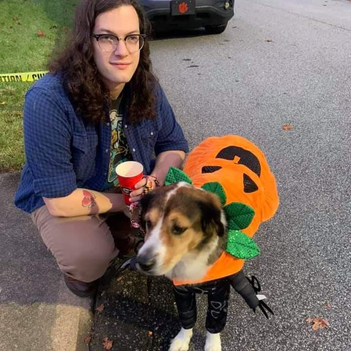 Dylan with our baby Brone on Halloween