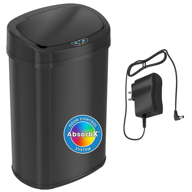SensorCan 13 Gallon Automatic Sensor Trash Can with Lid, AC Adapter Included, AbsorbX Odor Control, Matte Black Stainless Steel Kitchen Garbage Bin, Fingerprint-Proof, Hands-Free Operation, Oval