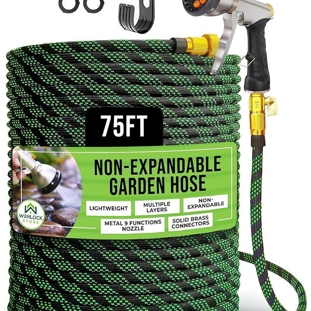 Wenlock Store Garden Hose 75 ft, Lightweight, Sturdy Metal Nozzle 9 Spray, Heavy Duty, Leakproof Flexible Water Hose, Durable Multiple Layers, Solid Brass Connectors