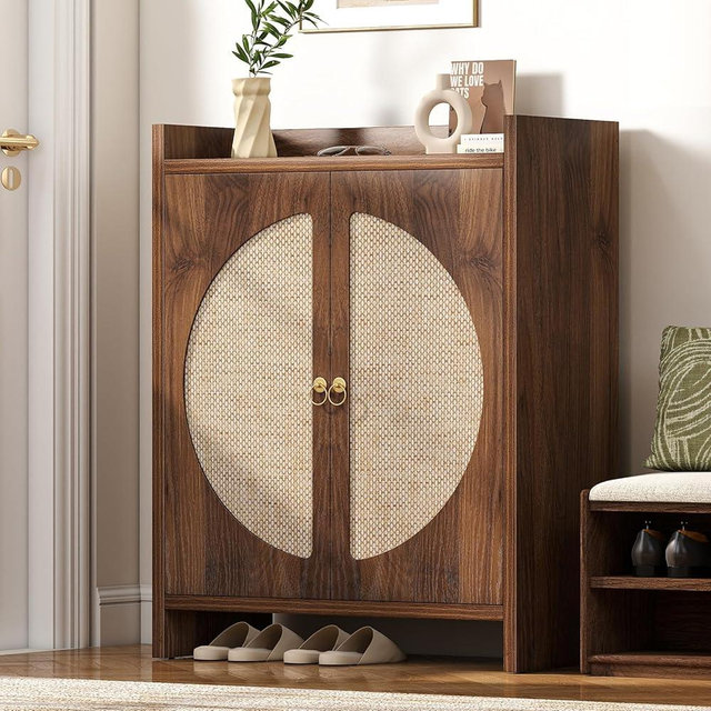 Curlaky Shoe Cabinet Storage for Entryway - Rattan Entry Way Shoe Storage Cabinet with Adjustable Shelves, Wood Shoe Organizer Cabinet, Accent Cabinet with Doors for Entrance Hallway Living Room Foyer
