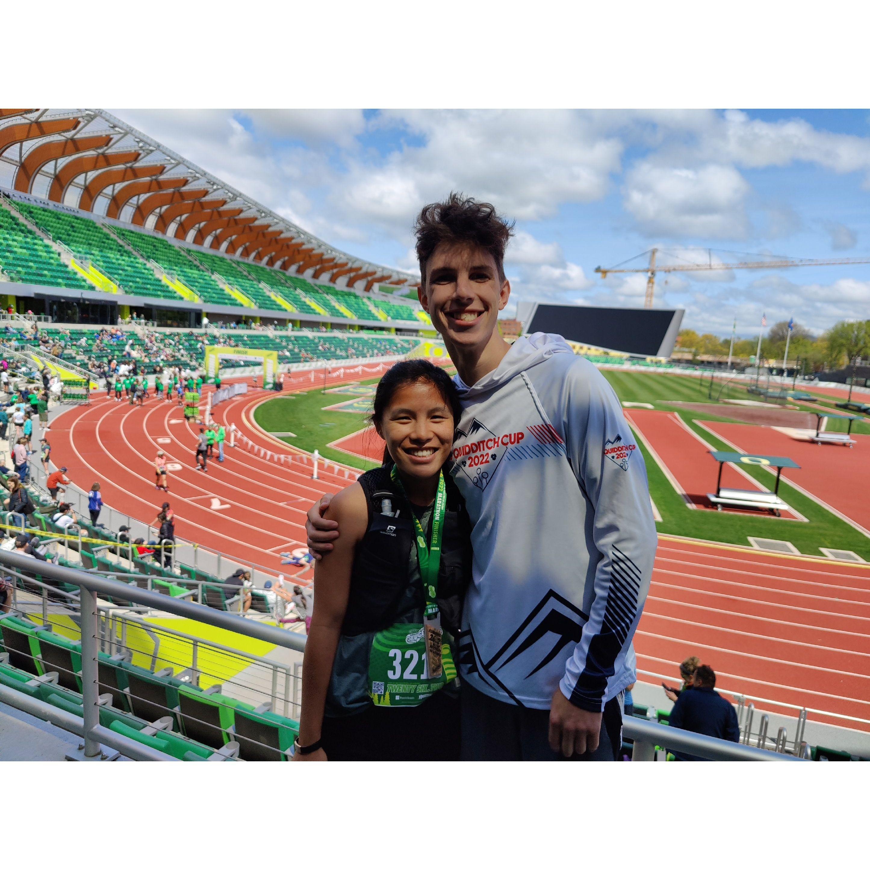 Erin ran 26.2 miles! Jacob ran 6 miles cheering her on!