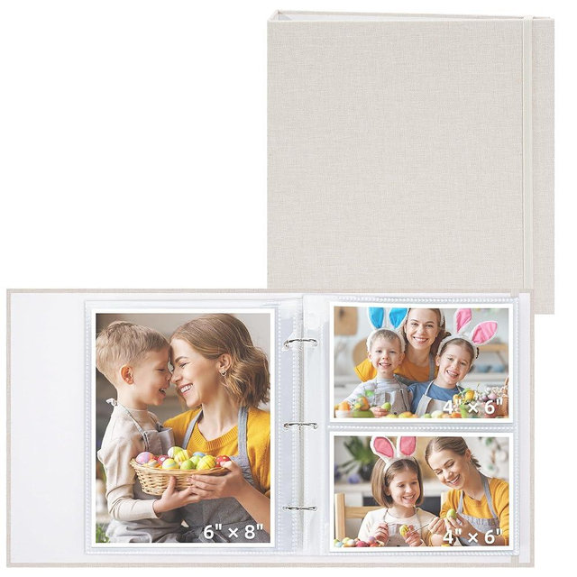 Vienrose Linen 3-Ring Photo Album Holds 250 Photos, 200 4x6 Photos and 50 6x8 Pictures, Picture Album with Multiple Size Pockets, Memory Book for Family Wedding Anniversary Baby, Beige