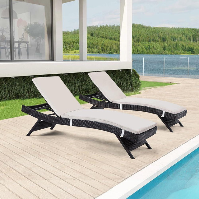 Asifom Outdoor Chaise Lounge Chairs Set of 2 with Detachable Cushions, Pool Sunbathing Recliners PE Rattan Patio Loungers Wicker for Outside Porch Backyard Poolside Deck Porch