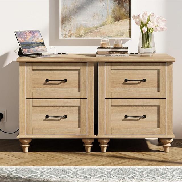 WAMPAT Nightstands Set of 2 Side Table with Charging Station, Light Wood End Tables with 2 Drawers for Living Room, Farmhouse Night Stand Bedside Table for Bedroom, Oak