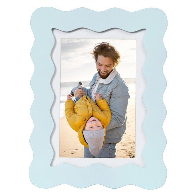 NWDCLF 5x7 Cute Picture Frame, Wavy Curved Photo Frame with 4x6 Mat and Real Glass, Unique Funky Frame for Table and Wall Display, Home Office Desk Decoration Art, Baby Boy Gift (5x7, Light Blue)