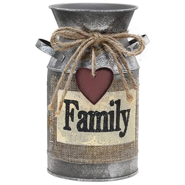 VANCORE Shabby Chic Milk Can Country Decor Rustic Vase Metal Jug Flower Pot Farmhouse Vase Home Office Decoration, Family Greeting