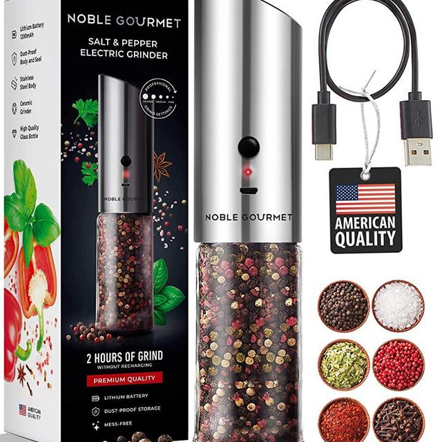 Rechargeable Electric Salt & Pepper Grinder - Automatic Gravity Mill - Adjustable Coarseness Knob Shaker - Large Refillable Glass, Ceramic Grind, Stainless Steel - No Battery Needed - Recipes in Set
