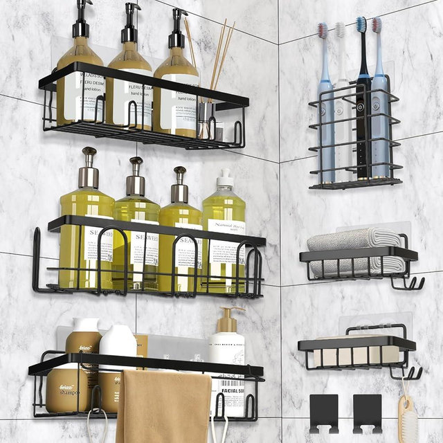 DTUQYX Shower Caddy 9 Pack,Adhesive Organizer for Bathroom Decor Accessories & Kitchen Storage,No Drilling,Large Capacity,Rustproof Stainless Steel Organizer,Home Decor Shelves