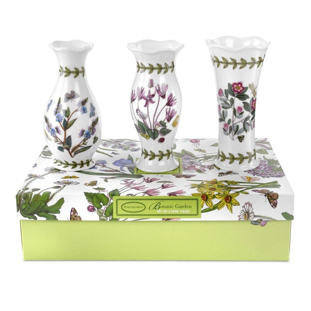 Portmeirion Botanic Garden Mini Vases (Set of 3) - 5" Decorative Porcelain Vases, Assorted Floral Motifs, Chip-Resistant Glaze, Dishwasher Safe - Ideal for Indoor & Outdoor Décor